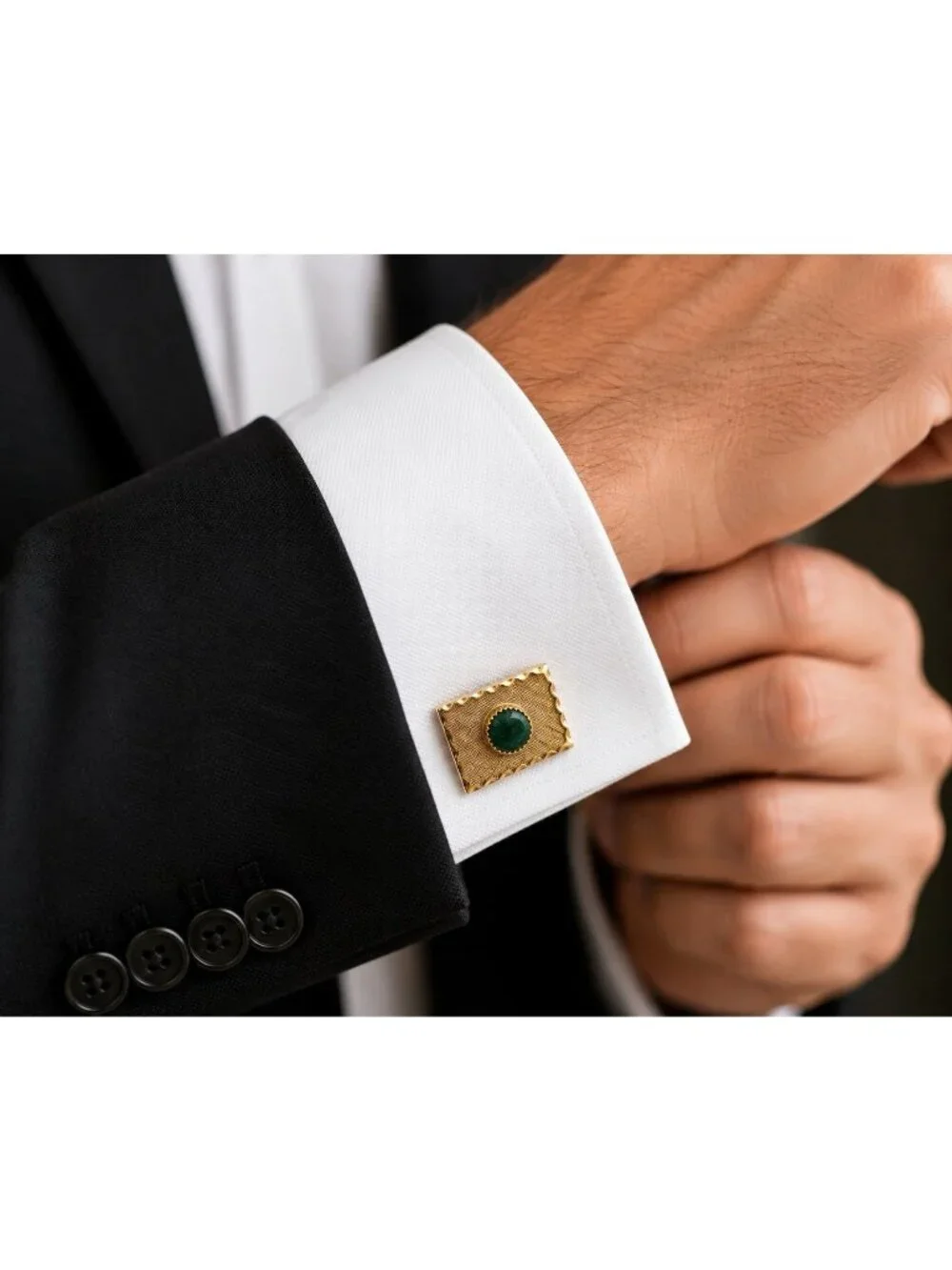 VTG  Mid Century Gold Tone Rectangle Cufflinks Green Natural Stone Engine Turned